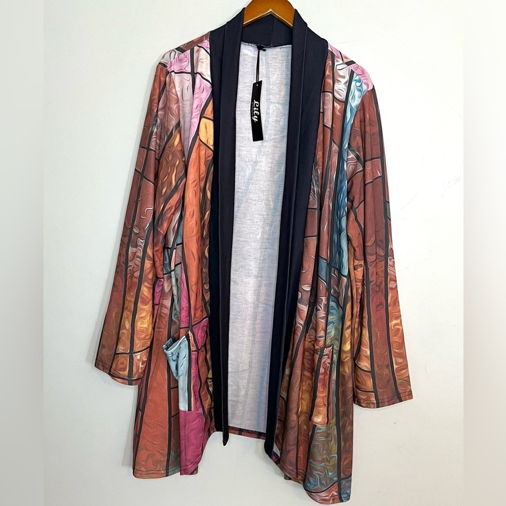 Lily By Firmiana NEW Plus Sized Stained Glass Print Cardigan Sweater Sz 3XL